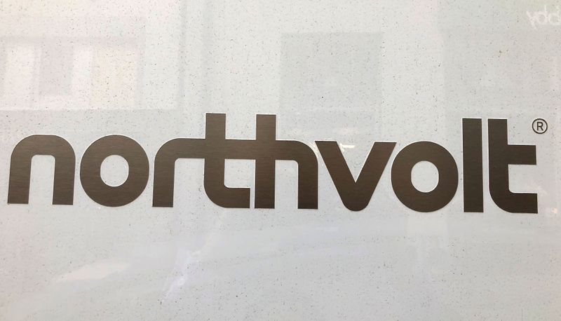 Northvolt logo is pictured in the Northvolt office in Stockholm