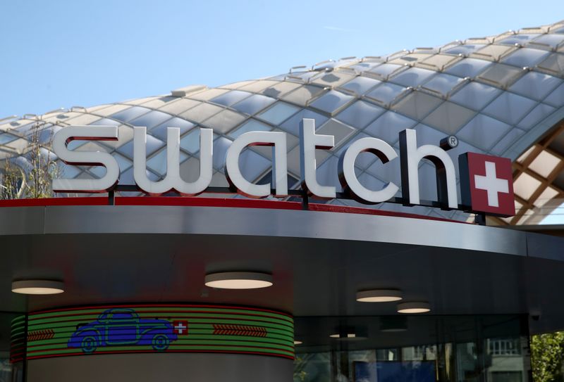 A Swatch logo is pictured in front of the newly built headquarters in Biel