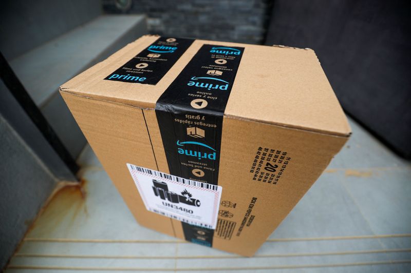 An Amazon package is delivered and left at the door during the coronavirus disease (COVID-19) outbreak in El Masnou