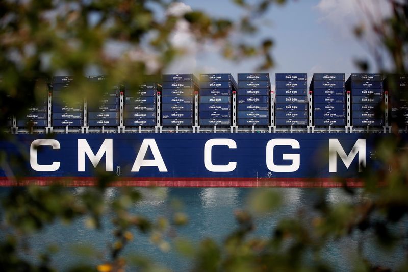 The CMA CGM Antoine de Saint Exupery container ship sits docked during its official inauguration in Le Havre