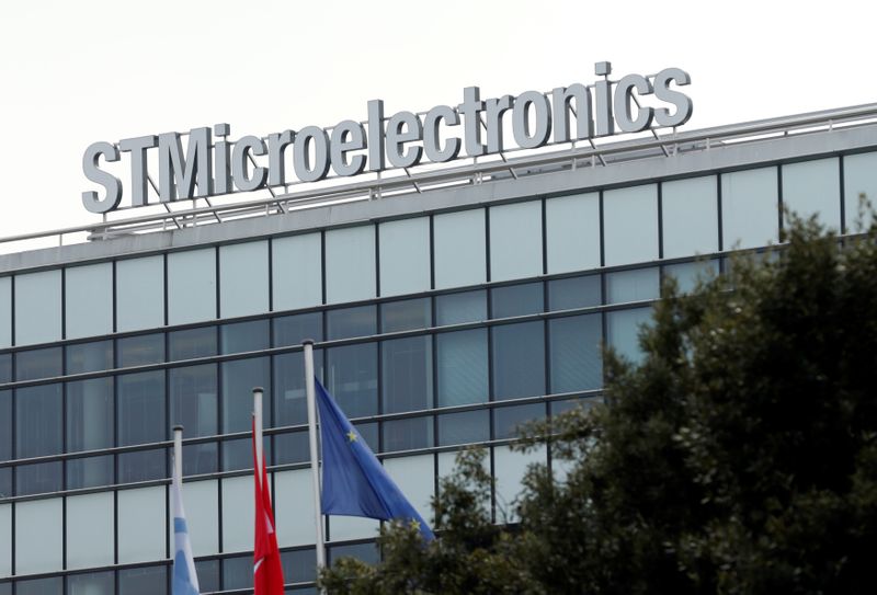 A logo is pictured on the factory of STMicroelectronics in Plan-les-Oautes