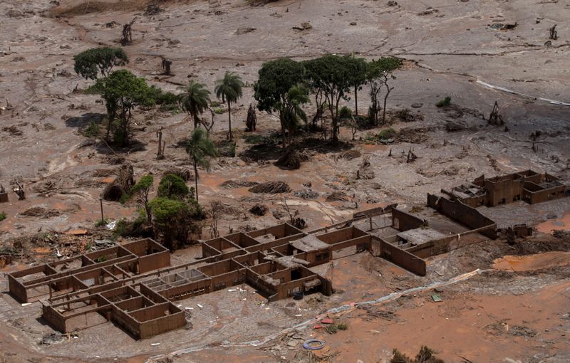 The debris of the municipal school of Bento Rodrigues district, which was covered with mud after a dam owned by Vale SA and BHP Billiton Ltd burst, is pictured in Mariana