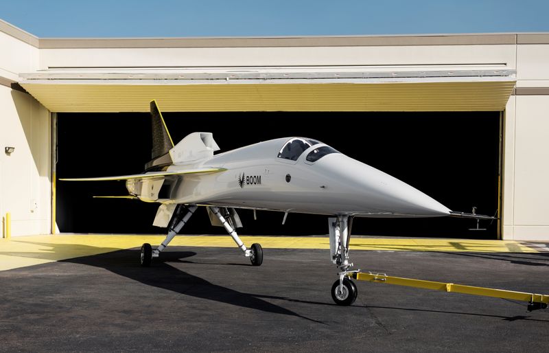 Boom Supersonic’s demonstrator aircraft XB-1 is seen parked at a hangar in Denver