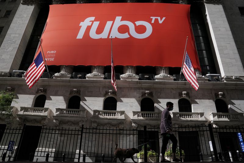 The fuboTV logo is hung from the New York Stock Exchange on the day of its IPO