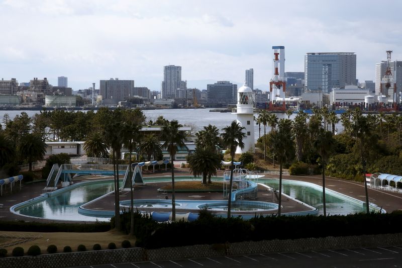 A general view shows the outdoor pool at Museum of Maritime Science with Tokyo's skyline in the background