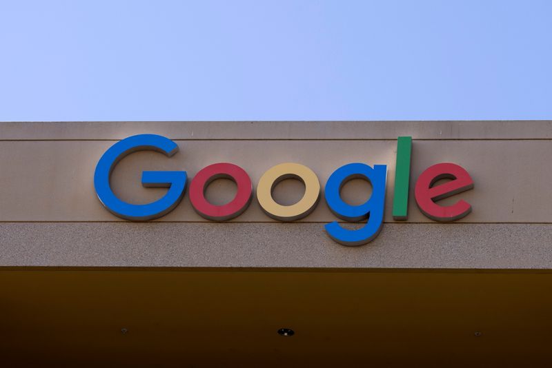 The Google sign is shown on one of the company's office buildings in Irvine, California
