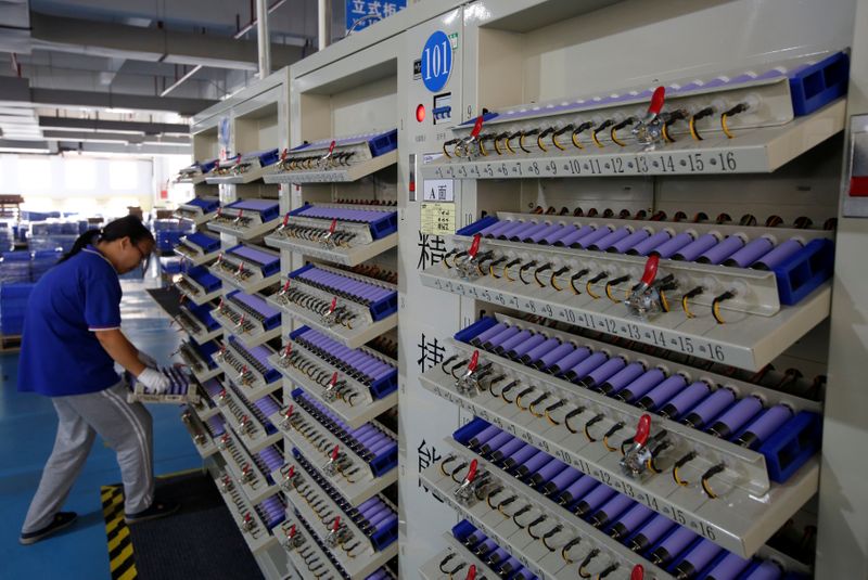 FILE PHOTO: Batteries for electric vehicles are manufactured at a factory in Dongguan