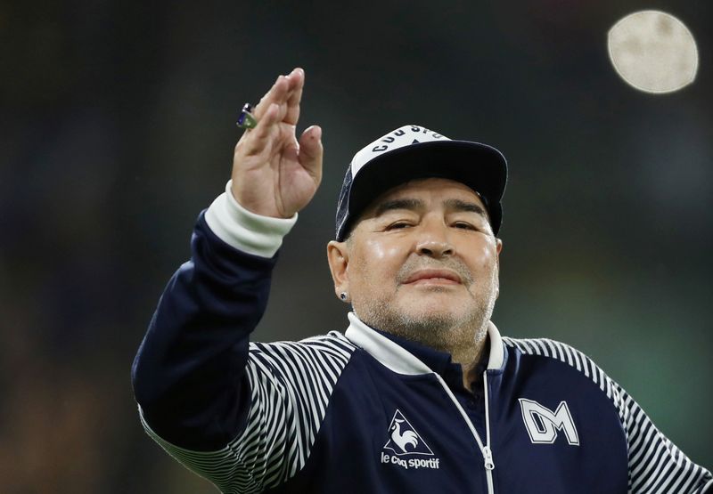 FILE PHOTO: Gimnasia y Esgrima coach Diego Maradona before the match
