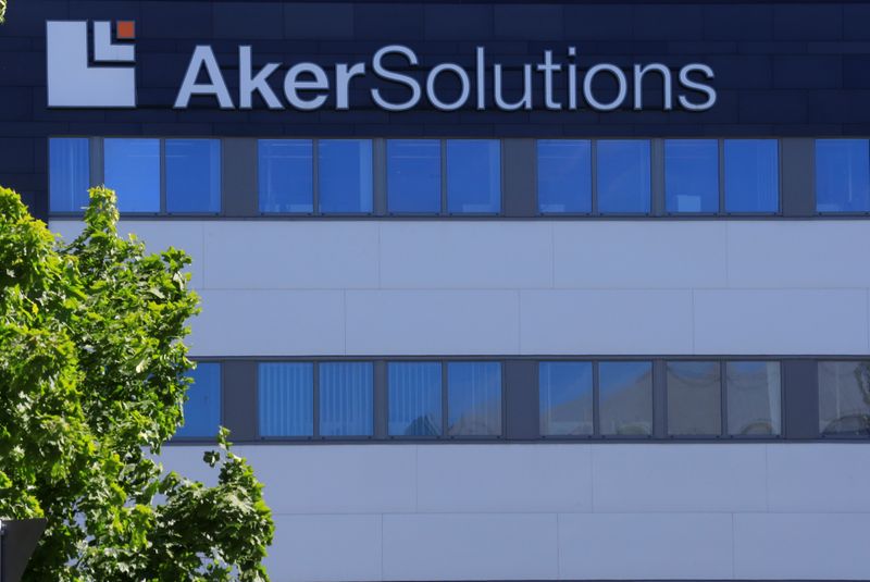 Aker Solutions oil service company's logo is seen at their headquarters in Lysaker
