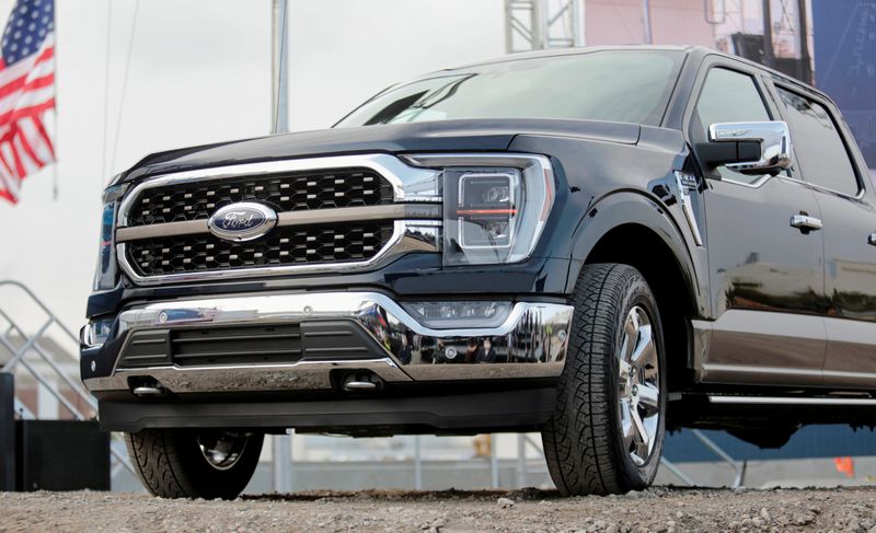 FILE PHOTO: Ford Motor Co. displays a 2021 Ford F-150 pickup truck at the Rouge Complex in Dearborn, Michigan