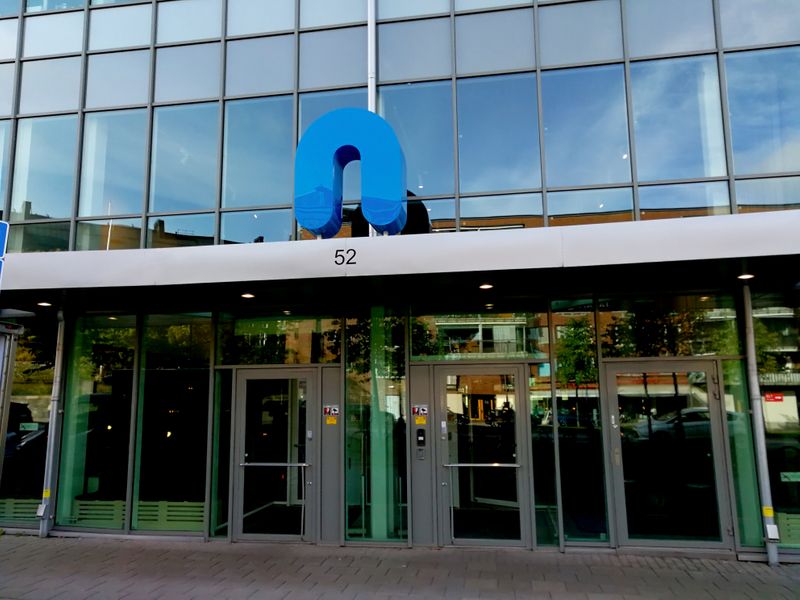 FILE PHOTO: NENT sign is seen at their headquarters in Stockholm
