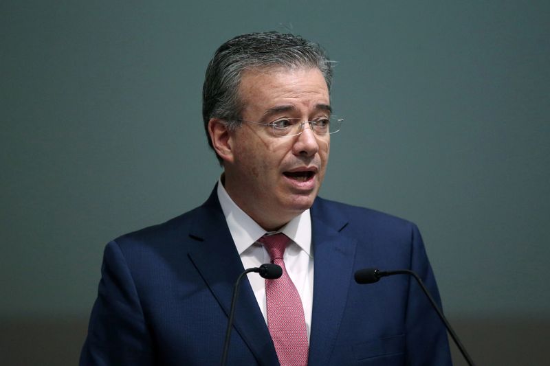 Mexico's Central Bank Governor Alejandro Diaz de Leon Carrillo speaks during the presentation of the national financial inclusion policy, in the Interactive Museum of Economics (MIDE) in Mexico City
