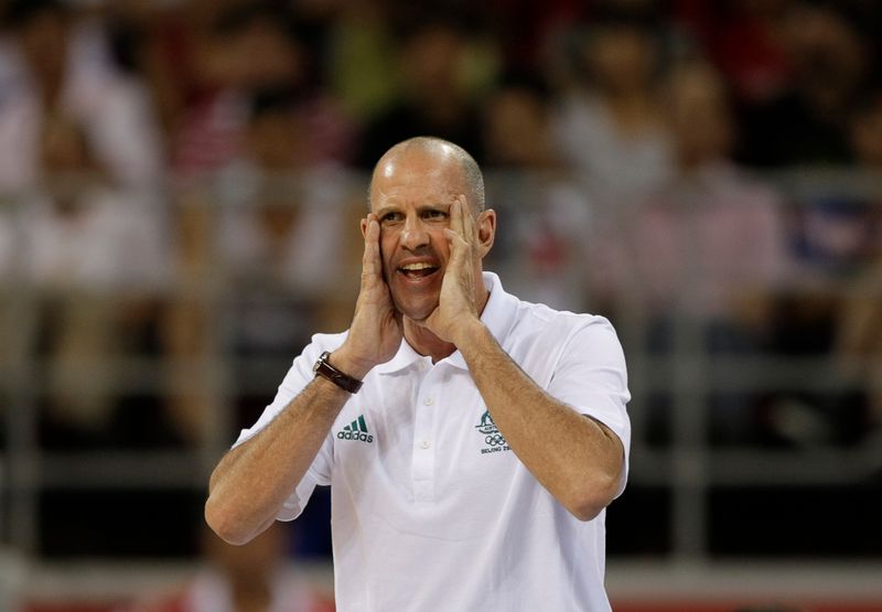 Australia's head coach Goorjian shouts during their preliminary Group A men's basketball game against Russia at the Beijing 2008 Olympic Games