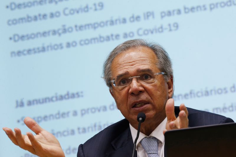 Brazil's Economy Minister Paulo Guedes speaks during a press conference to announce economic measures due the coronavirus outbreak in Brasilia