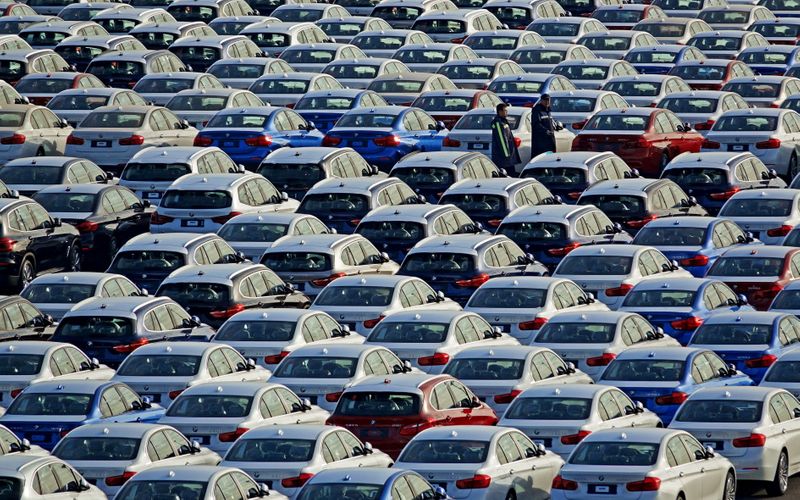 FILE PHOTO: BMW cars are seen at the automobile terminal in the port of Dalian