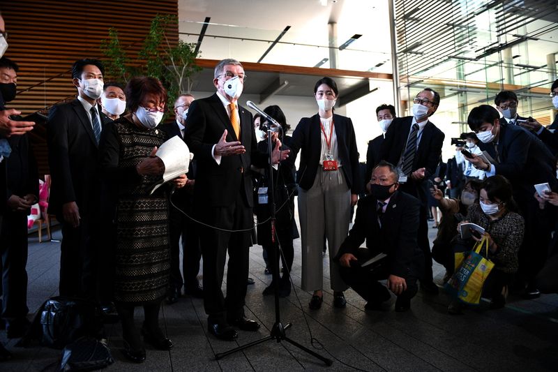 International Olympic Committee (IOC) president Thomas Bach speaks to the media after his meeting with Japan's Prime Minister Yoshihide Suga in Tokyo on November 16, 2020