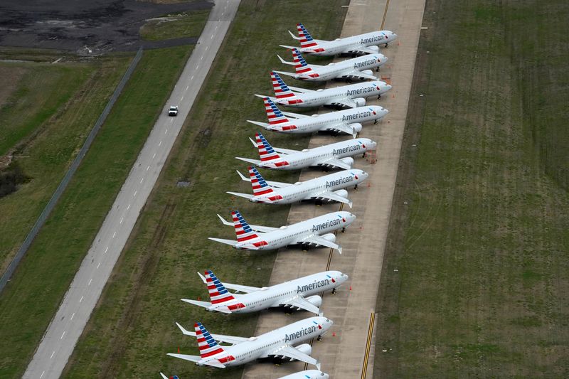 FILE PHOTO: American Airlines Boeing 737 MAX planes parked on the tarmac at Tulsa International Airport