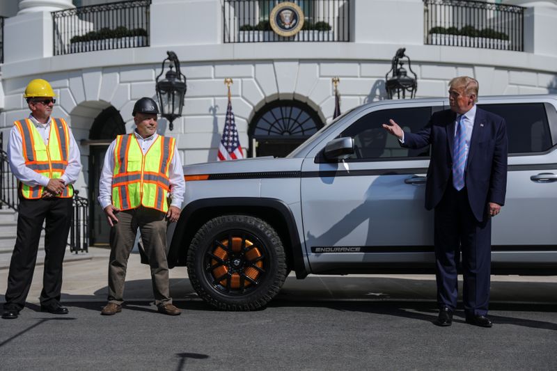 U.S. President Trump inspects electric pickup truck at the White House in Washington