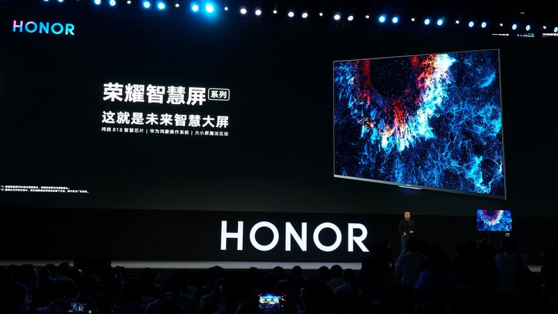 President of Huawei's Honor brand George Zhao unveils the Honor Vision Smart Screen equipped with Huawei's new HarmonyOS operating system at the Huawei Developer Conference in Dongguan