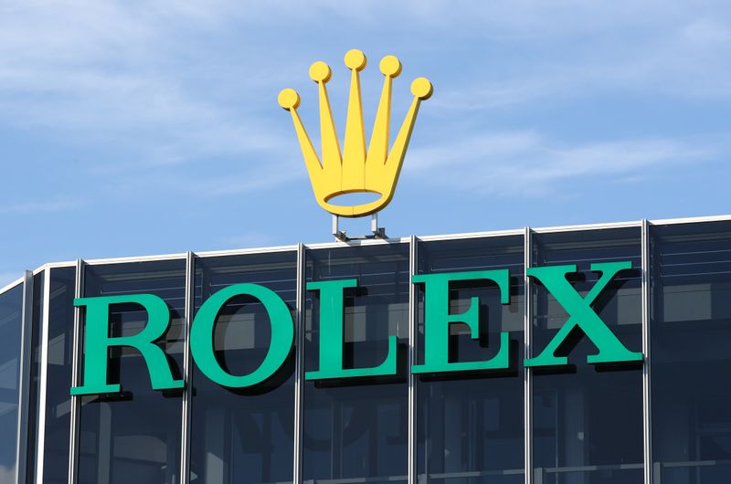 A logo is pictured on the headquarters of Swiss watchmaker Rolex in Geneva