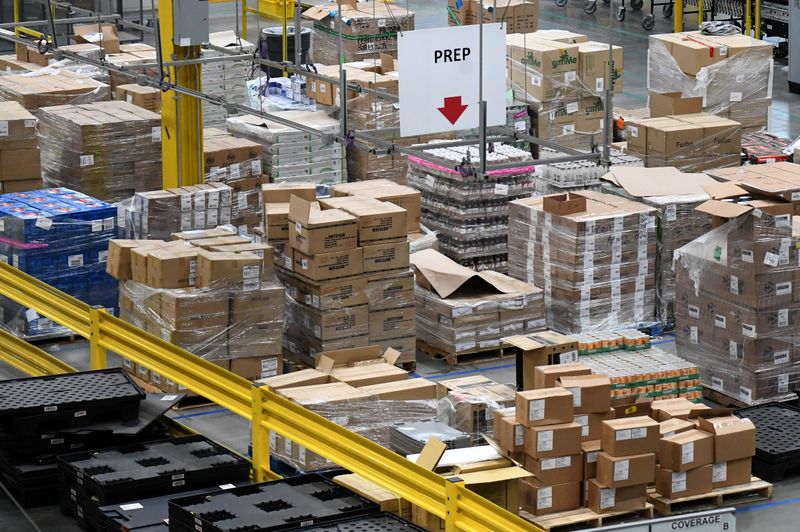 An overview of the product prep area of the Amazon fulfilment center is seen in Baltimore