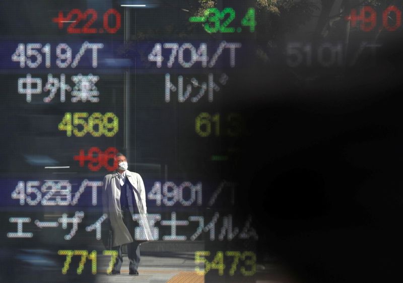 FILE PHOTO: A man wearing a protective face mask is reflected on a stock quotation board outside a brokerage, amid the coronavirus disease (COVID-19) outbreak, in Tokyo