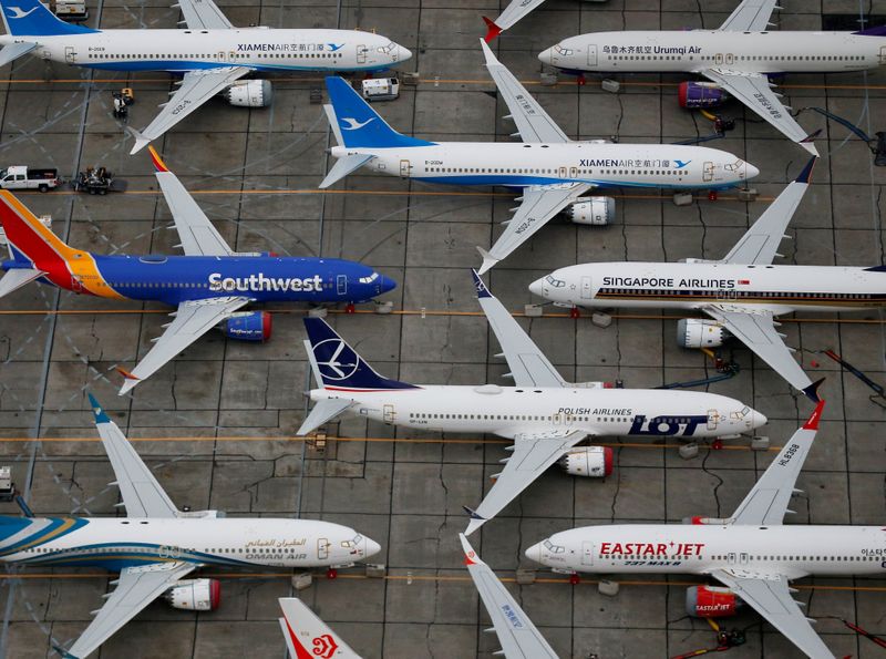 FILE PHOTO: Grounded Boeing 737 MAX aircraft are seen parked at Boeing facilities at Grant County International Airport in Moses Lake