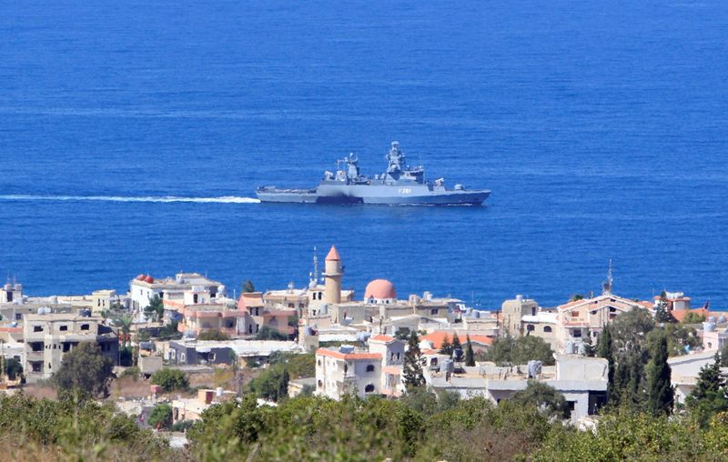 FILE PHOTO: A UN naval ship is pictured off the Lebanese coast in the town of Naqoura