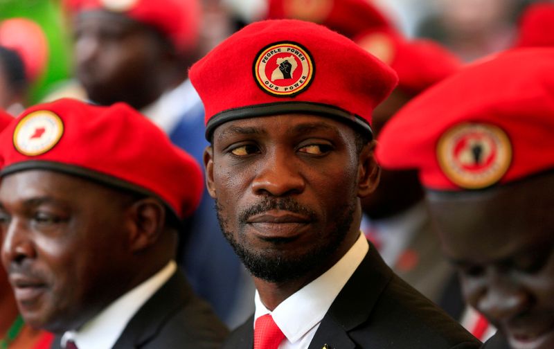 FILE PHOTO: Ugandan musician turned politician, Robert Kyagulanyi also known as Bobi Wine attends a news conference at his home in Kasangati, Kampala