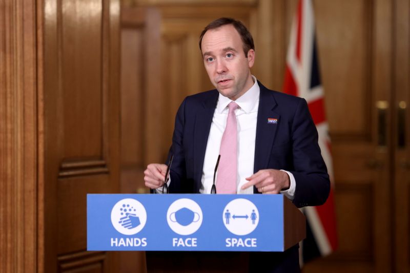 Britain's Health Secretary Matt Hancock attends a media briefing at Downing Street, amid the coronavirus disease (COVID-19) outbreak, in London