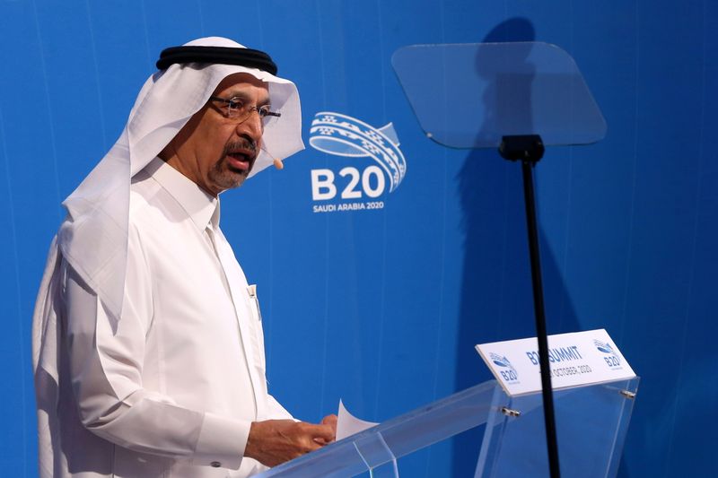 FILE PHOTO: Saudi Arabian Investment Minister Khalid al-Falih, speaks during a virtual meeting of B20 at the Saudi Business Group summit in Riyadh
