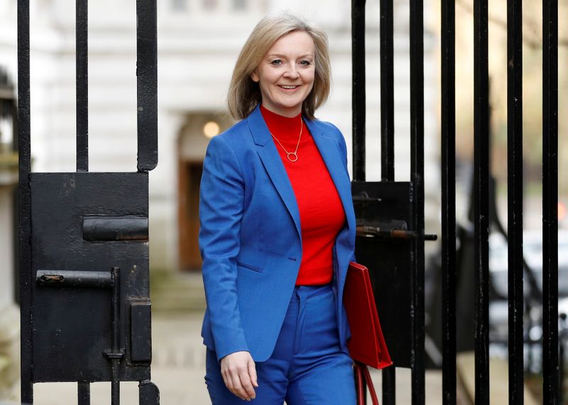 FILE PHOTO: Britain's Secretary of State of International Trade and Minister for Women and Equalities Liz Truss is seen outside Downing Street in London