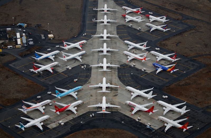 FILE PHOTO: Grounded Boeing 737 MAX aircraft are seen parked at Grant County International Airport in Moses Lake