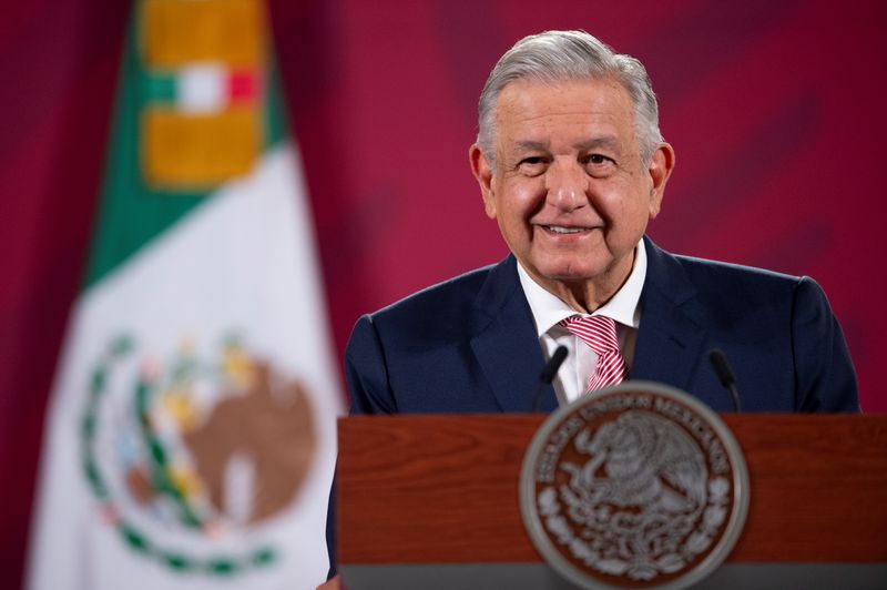 Mexico's President Andres Manuel Lopez Obrador looks on during a news conference at the National Palace in Mexico City
