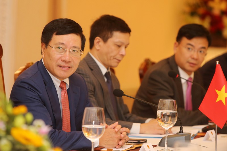 FILE PHOTO - Vietnam's Foreign Minister Pham Binh Minh attends a meeting with Japan's Foreign Minister Taro Kono at the Government Guesthouse in Hanoi