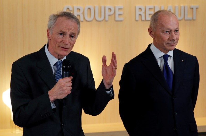 Jean-Dominique Senard, newly-appointed Chairman of Renault, and Thierry Bollore, newly-appointed CEO of Renault, talk to journalists after French carmaker Renault's board of directors meeting in Boulogne-Billancourt, near Paris