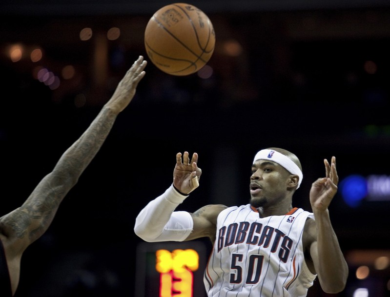 Charlotte Bobcats' Maggette passes the ball while playing against Toronto Raptors during their NBA basketball game in Charlotte