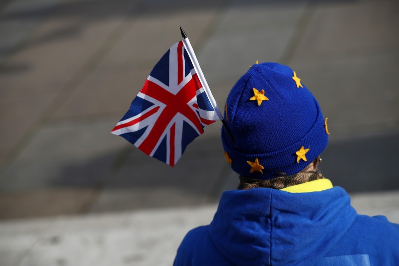 An anti-Brexit demonstrator protests outside the Houses of Parliament, in Westminster, London