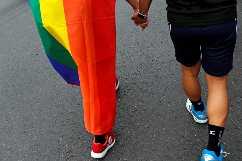 FILE PHOTO: Same-sex marriage supporters hold hands as they taking part in a LGBT pride parade after losing in the marriage equality referendum, in Kaohsiung