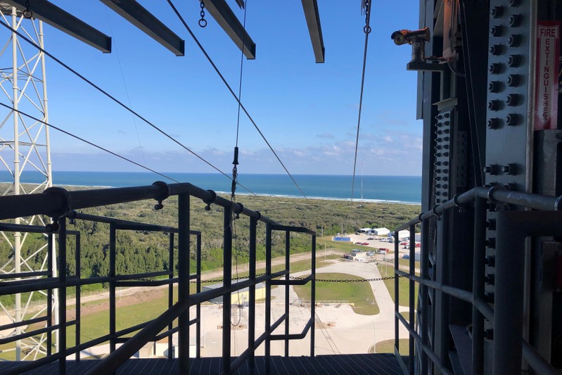 A long zip line provides a fast escape route for astronauts and crew in case of an emergency at Launch Complex 41 in Cape Canaveral