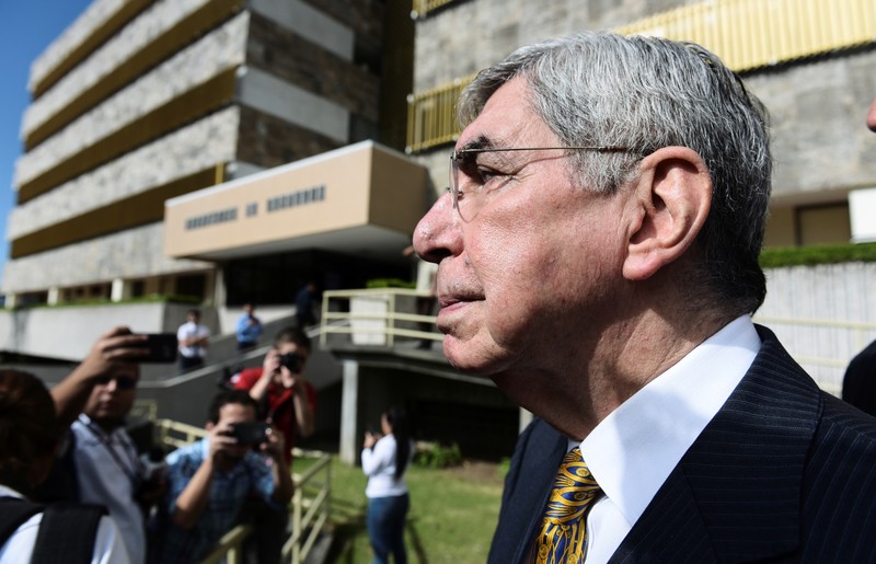 Costa Rica's former president and 1987 Nobel Peace Laureate Oscar Arias, speaks to the media after presenting his statement regarding complaints against him over sexual assault at the Attorney's Office, in San Jose