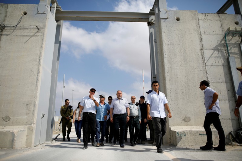 FILE PHOTO: Israeli Defence Minister Avigdor Lieberman visits Gaza's Kerem Shalom crossing, the strip's main commercial border terminal