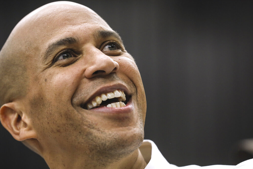 Cory Booker speaks to press in Newark after announcing presidential bid