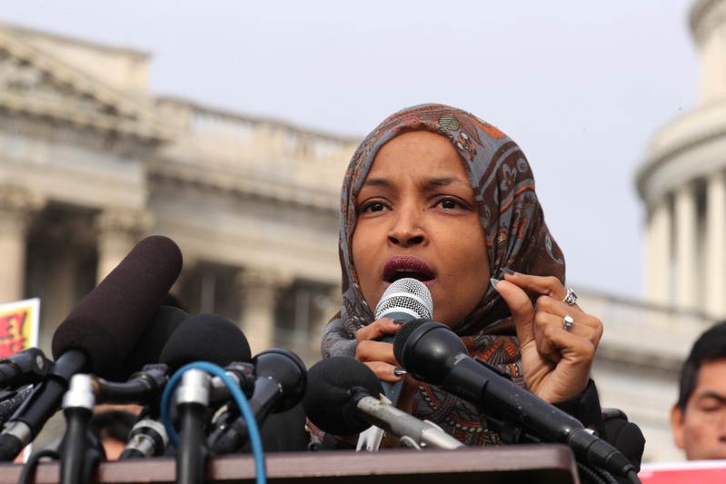 U.S. Representative Ilhan Omar participates in a news conference to call on Congress to cut funding for ICE (Immigration and Customs Enforcement), at the U.S. Capitol in Washington