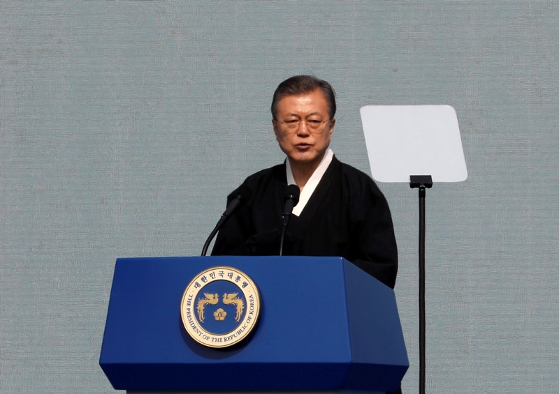 South Korean President Moon Jae-in delivers a speech during a ceremony celebrating the 100th anniversary of the March First Independence Movement against Japanese colonial rule, in central Seoul