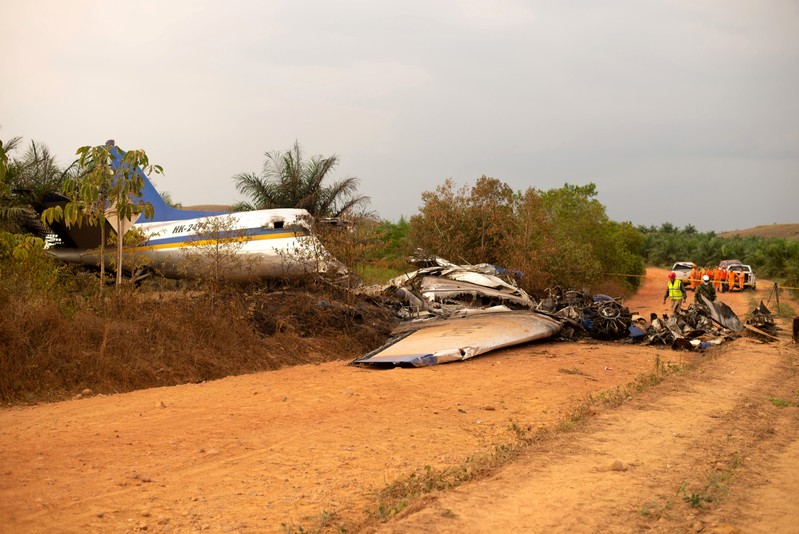 Wreckage is seen from a Douglas DC-3 passenger aircraft which crashed on the Colombian plains province of Meta, San Martin
