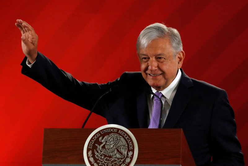 Mexico's President Andres Manuel Lopez Obrador gestures during his daily news conference at National Palace in Mexico City