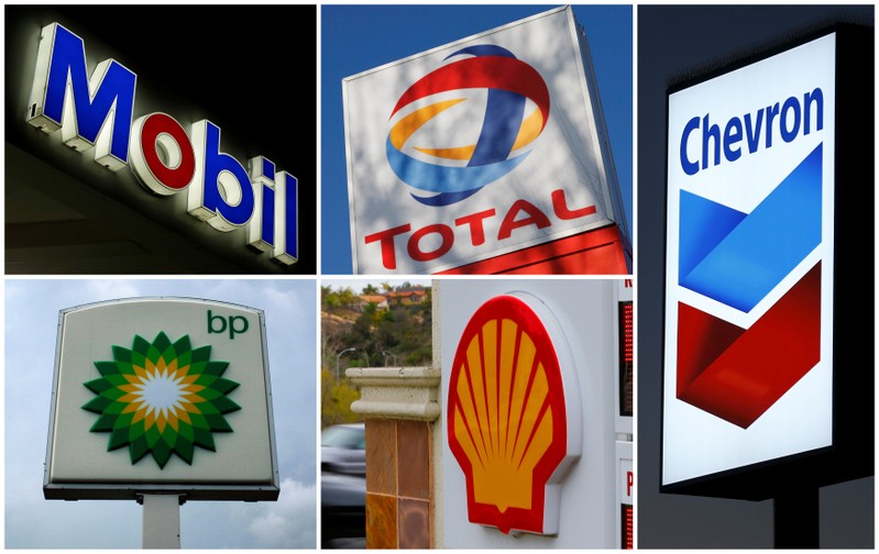 FILE PHOTO - A combination of file photos shows the logos of five of the largest publicly traded oil companies BP Chevron Exxon Mobil Royal Dutch Shell,and Total