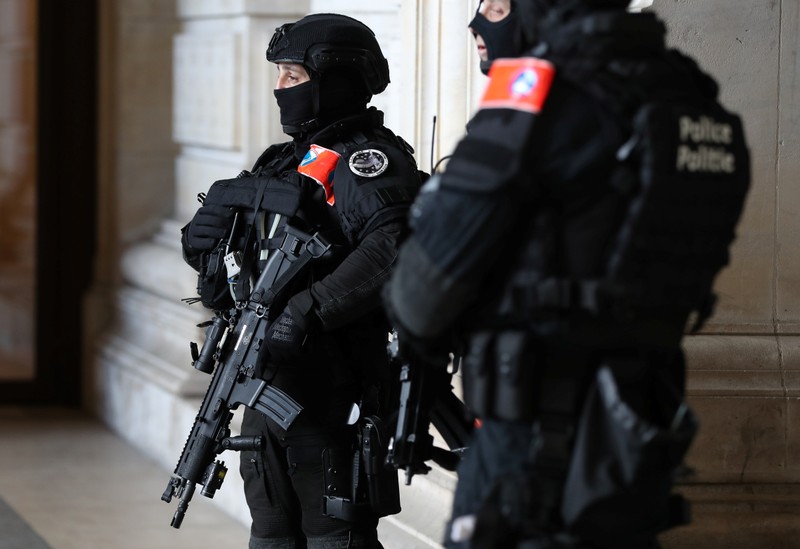 Belgian police special unit officers secure the Palace of Justice during the trial of Mehdi Nemmouche and Nacer Bendrer in Brussels