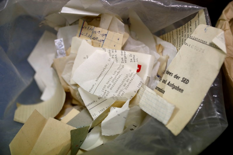 Shredded documents of the former East German Ministry for State Security (MfS), known as the Stasi, are pictured at the central archives office in Berlin